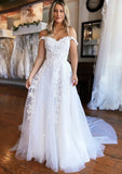A-line Off-the-Shoulder Sleeveless Court Train Lace Tulle Wedding Dresses