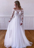 A-line Off-the-Shoulder Full/Long Sleeve Sweep Train Tulle Lace Wedding Dress