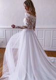 A-line Off-the-Shoulder Full/Long Sleeve Sweep Train Tulle Lace Wedding Dress