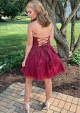 A-line Halter Sleeveless Lace Tulle Short/Mini Homecoming Dress With Beading