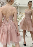 A-line Scoop Neck Sleeveless Lace Tulle Short/Mini Homecoming Dress