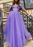 A-line Off-the-Shoulder Sleeveless Court Train Glitter Tulle Prom Dress With Split Pleated