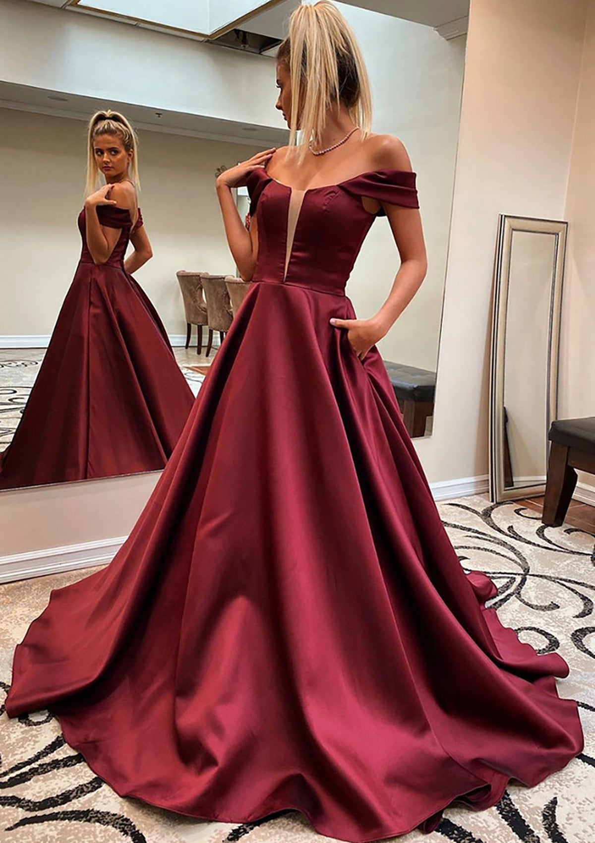 A-line Off-the-Shoulder Sleeveless Satin Sweep Train Prom Dress With Pockets