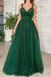 A-line V Neck Long/Floor-Length Tulle Sparkling Prom Dress With Beading Sequins Glitter