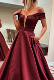 A-line Off-the-Shoulder Sleeveless Satin Sweep Train Prom Dress With Pockets