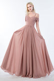 Women's Off The Shoulder Bridesmaid Dresses Long Formal A-line Spaghetti Strap Chiffon Formal Evening Gown