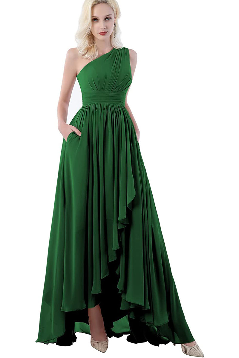 Shoulder Bridesmaid Dress with Pockets for Women Ruched Chiffon Formal Party Evening Prom Gown