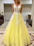 A-Line Prom Dresses Color Block Dress Formal Floor Length Sleeveless V Neck Tulle V Back with Beading Appliques 2023