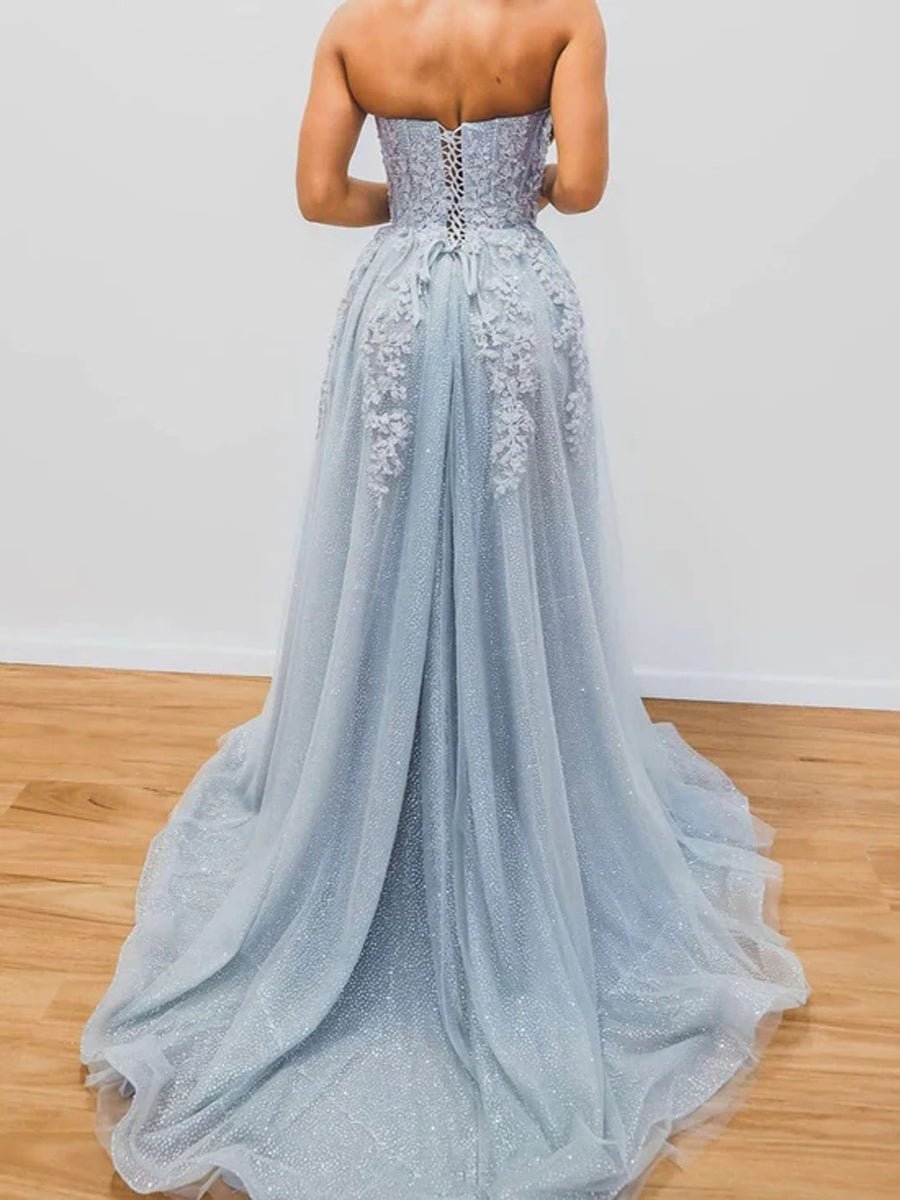 A-Line Evening Gown Sparkle & Shine Dress Formal Court Train Sleeveless Sweetheart Tulle with Beading Slit Appliques 2023