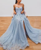 A-Line Evening Gown Sparkle & Shine Dress Formal Court Train Sleeveless Sweetheart Tulle with Beading Slit Appliques 2023