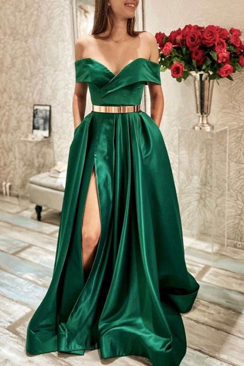 A-Line Prom Dresses Minimalist Dress Formal Floor Length Sleeveless Off Shoulder Stretch Satin Backless with Pleats Slit 2023