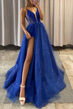 A-Line Prom Dresses Sexy Dress Formal Sweep / Brush Train Sleeveless V Neck Tulle Backless with Pleats Appliques 2023