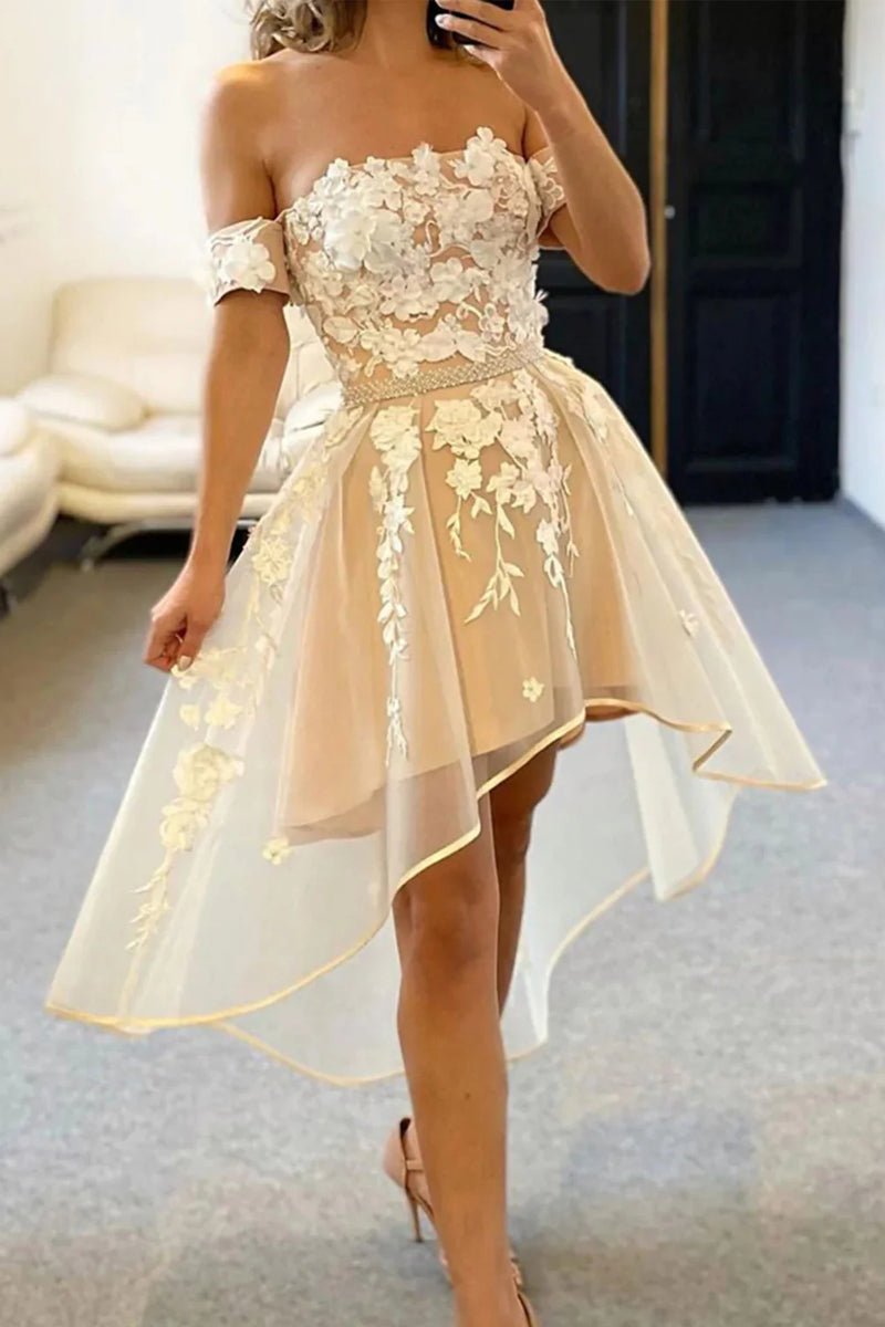 A-Line Cocktail Dresses Color Block Dress Homecoming Asymmetrical Sleeveless Off Shoulder Organza with Pleats Appliques 2023 - dennisdresses