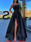 A-Line Evening Gown Sexy Dress Prom Sweep / Brush Train Sleeveless Spaghetti Strap Satin with Slit Pure Color 2023