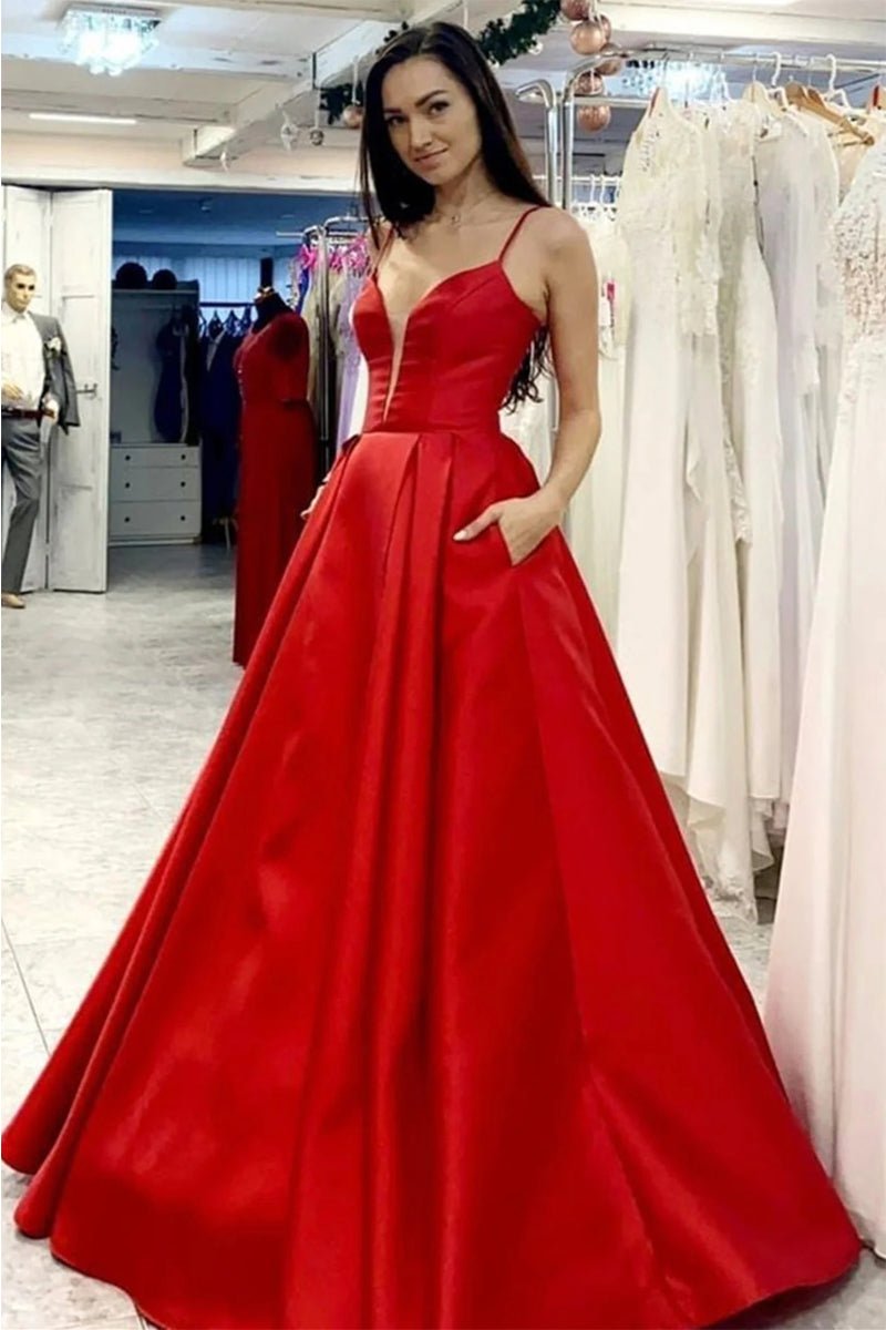 A-Line Prom Dresses Minimalist Dress Formal Floor Length Sleeveless V Neck Pocket Satin with Pleats 2023 - dennisdresses