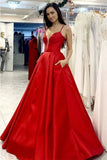 A-Line Prom Dresses Minimalist Dress Formal Floor Length Sleeveless V Neck Pocket Satin with Pleats 2023