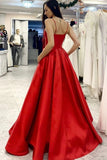 A-Line Prom Dresses Minimalist Dress Formal Floor Length Sleeveless V Neck Pocket Satin with Pleats 2023 - dennisdresses