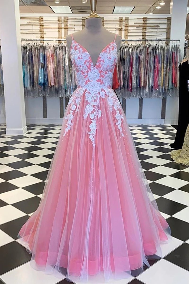 A-Line Prom Dresses Princess Dress Formal Floor Length Sleeveless V Neck Tulle with Pleats Appliques 2023 - dennisdresses