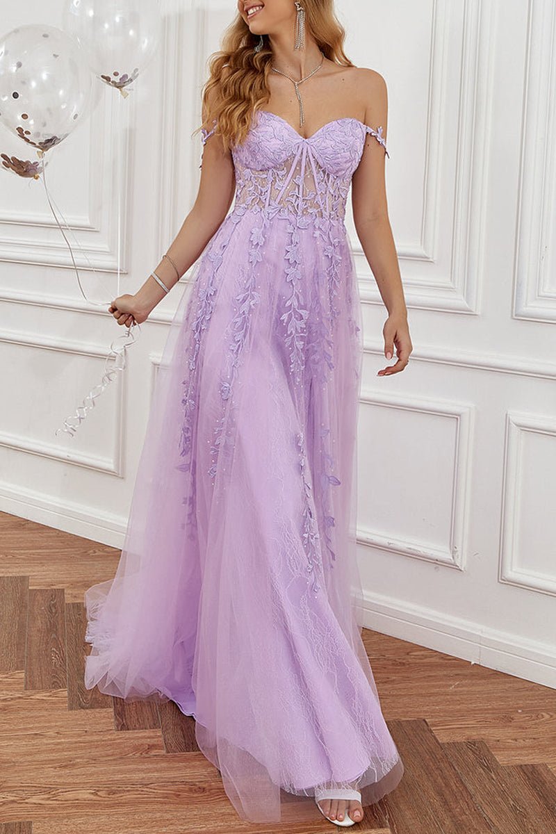 A-Line Prom Dresses See Through Dress Formal Sweep / Brush Train Sleeveless Sweetheart Tulle Backless with Beading Slit Appliques 2023 - dennisdresses