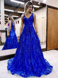 A-Line Prom Dresses Sparkle & Shine Dress Formal Floor Length Sleeveless V Neck Sequined V Back with Sequin 2023 - dennisdresses