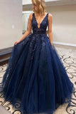 A Line V Neck Dark Blue Lace Beaded Prom Dresses, Dark Blue Lace Long Formal Evening Dresses - dennisdresses