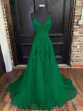 A-line V Neck Spaghetti Straps Sweep Train Tulle Prom Dress With Appliqued - dennisdresses