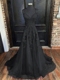 A-line V Neck Spaghetti Straps Sweep Train Tulle Prom Dress With Appliqued - dennisdresses