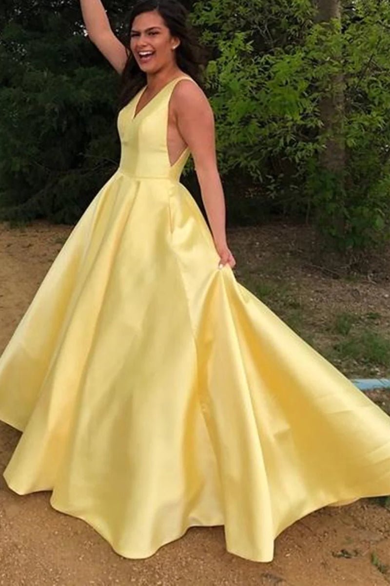 A Line V Neck Yellow Satin Long Prom Dresses with Pocket, Long V Neck Yellow Formal Evening Dresses - dennisdresses
