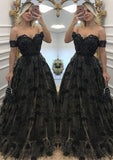 A-line/Princess Off-the-Shoulder Sleeveless Long/Floor-Length Lace Prom Dress With Appliqued - dennisdresses
