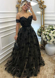 A-line/Princess Off-the-Shoulder Sleeveless Long/Floor-Length Lace Prom Dress With Appliqued - dennisdresses
