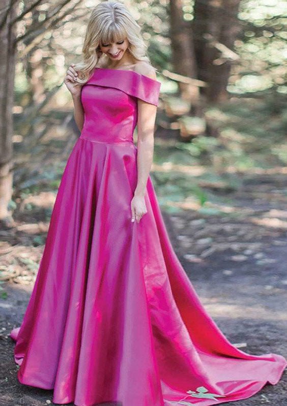 A-line/Princess Off-the-Shoulder Sleeveless Sweep Train Satin Prom Dress - dennisdresses