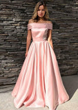 A-line/Princess Off-the-Shoulder Sleeveless Sweep Train Satin Prom Dress - dennisdresses