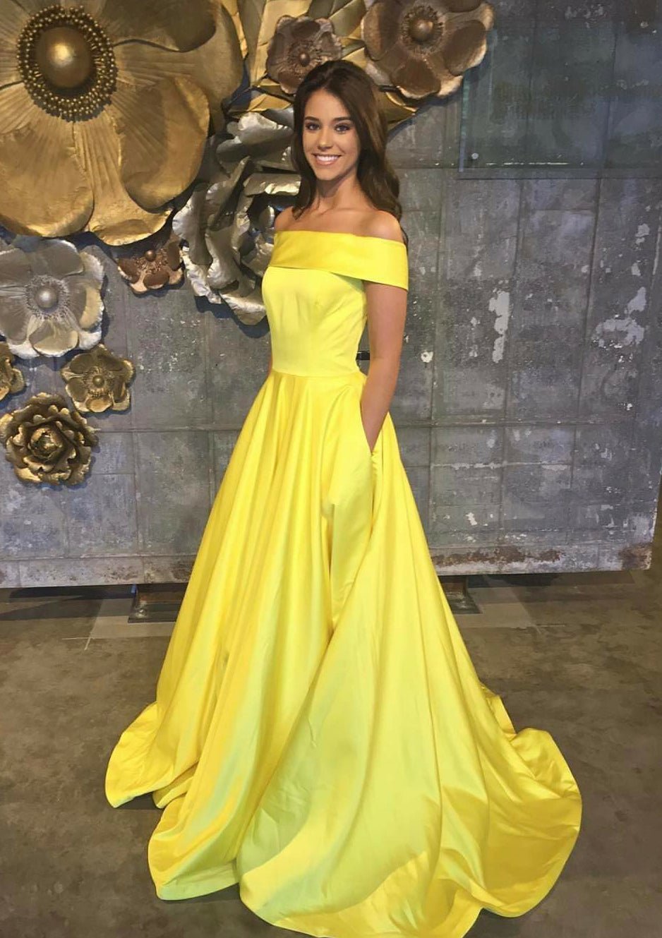 A-line/Princess Off-the-Shoulder Sleeveless Sweep Train Satin Prom Dress With Low Back - dennisdresses