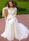 A-line/Princess Scalloped Neck Full/Long Sleeve Long/Floor-Length Chiffon Wedding Dress With Lace Sashes