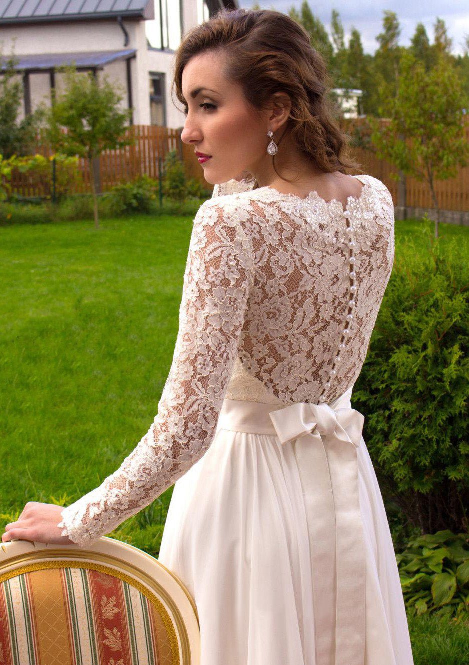 A-line/Princess Scalloped Neck Full/Long Sleeve Long/Floor-Length Chiffon Wedding Dress With Lace Sashes - dennisdresses