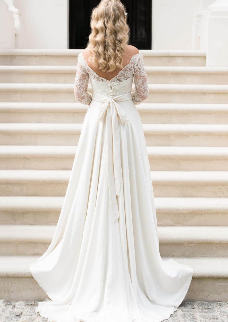A-line/Princess Scalloped Neck Full/Long Sleeve Sweep Train Elastic Satin Wedding Dress With Lace Sashes - dennisdresses