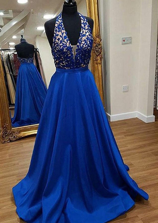 A-line/Princess Scalloped Neck Sleeveless Long/Floor-Length Charmeuse Prom Dress With Lace - dennisdresses