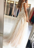 A-line/Princess Scalloped Neck Sleeveless Sweep Train Tulle Prom Dress With Beading Appliqued - dennisdresses