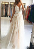 A-line/Princess Scalloped Neck Sleeveless Sweep Train Tulle Prom Dress With Beading Appliqued