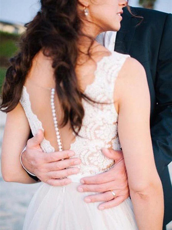 A-Line/Princess Scoop Floor-Length Sleeveless Lace Tulle Wedding Dresses - dennisdresses
