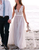 A-Line/Princess Scoop Floor-Length Sleeveless Lace Tulle Wedding Dresses - dennisdresses