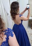 A-line/Princess Scoop Neck Sleeveless Long/Floor-Length Elastic Satin Prom Dress With Beading Appliqued - dennisdresses