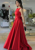 A-line/Princess Scoop Neck Sleeveless Sweep Train Satin Prom Dress With Bowknot