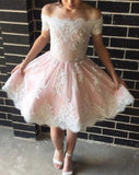 A-Line/Princess Sleeveless Off-the-Shoulder Lace Short/Mini Dresses - dennisdresses