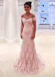 A-Line/Princess Sleeveless Off-The-Shoulder Sweep Train Lace Prom Dress With Appliqued - dennisdresses