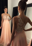 A-Line/Princess Sleeveless One-Shoulder Long/Floor-Length Chiffon Prom Dress With Appliqued Beaded - dennisdresses
