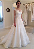 A-Line/Princess Sleeveless Scoop Neck Chapel Train Tulle Wedding Dresses With Appliqued - dennisdresses