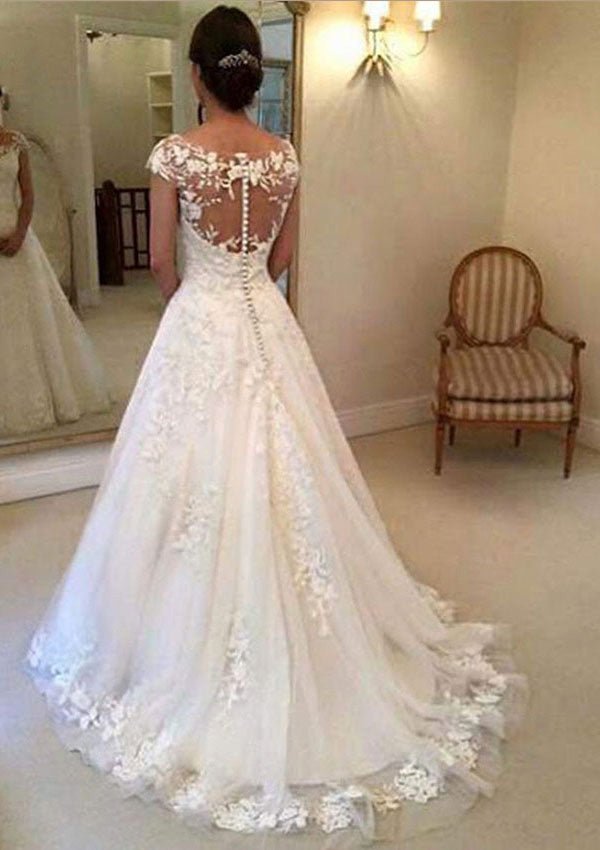 A-Line/Princess Sleeveless Scoop Neck Chapel Train Tulle Wedding Dresses With Appliqued - dennisdresses