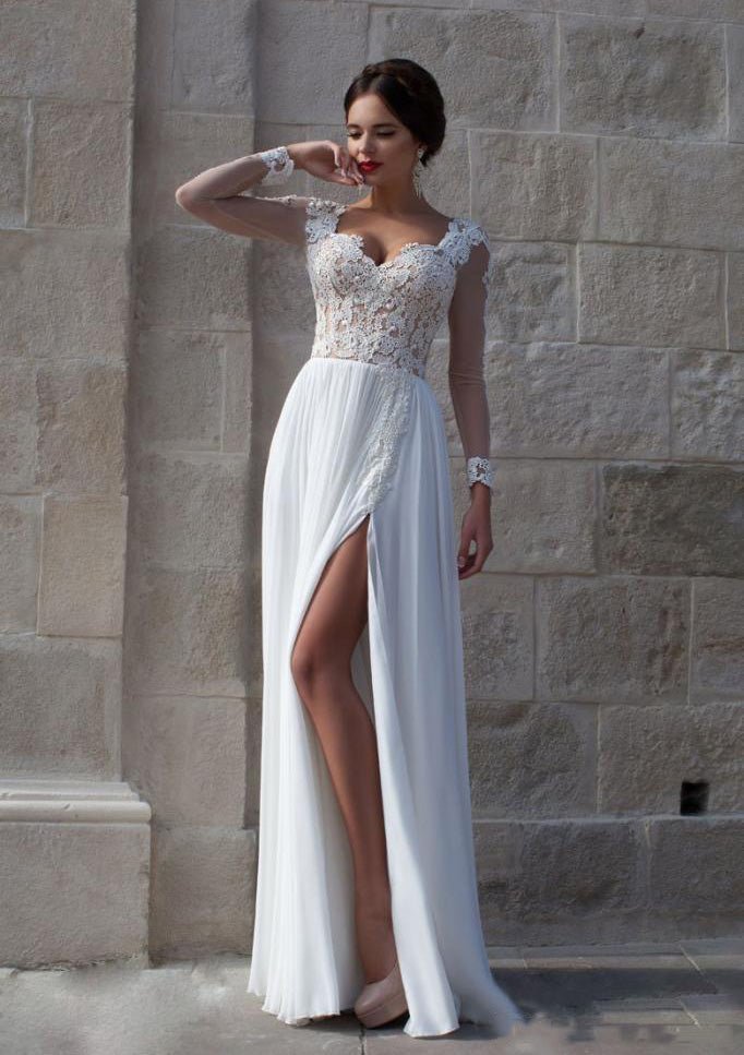 A-Line/Princess Sweetheart Long/Floor-Length Chiffon Wedding Dresses With Appliqued Split Front - dennisdresses