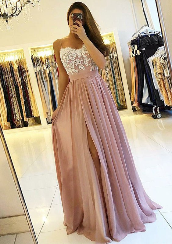 A-line/Princess Sweetheart Sleeveless Long/Floor-Length Chiffon Prom Dress With Split Appliqued - dennisdresses